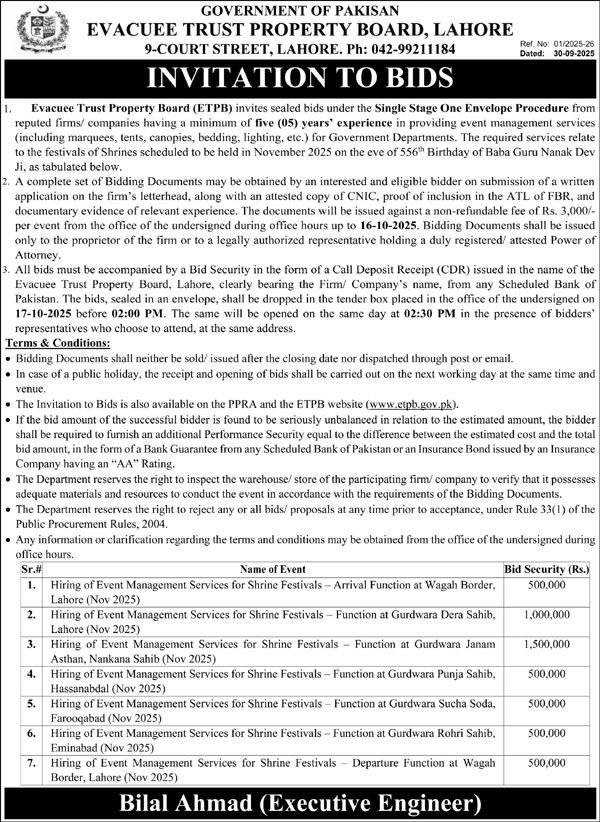 Evacuee Trust Property Board Lahore Tender Notice 2